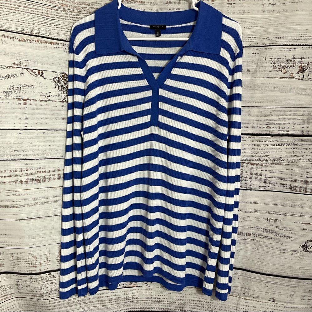 Talbots Top womens plus size 1X knit striped Johnny Collar pullover Cotton Blend